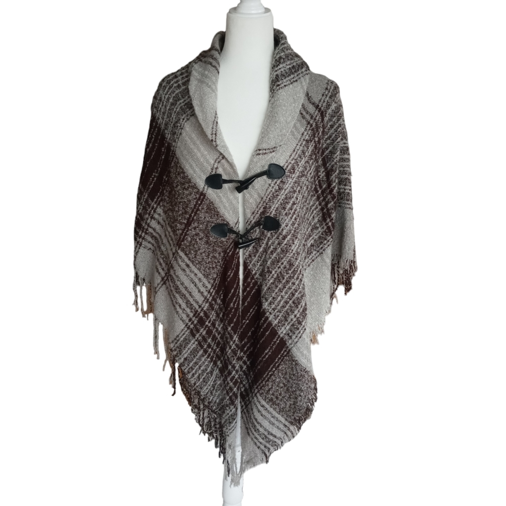 Apt 9 Brown Plaid Poncho Sweater with Fringe